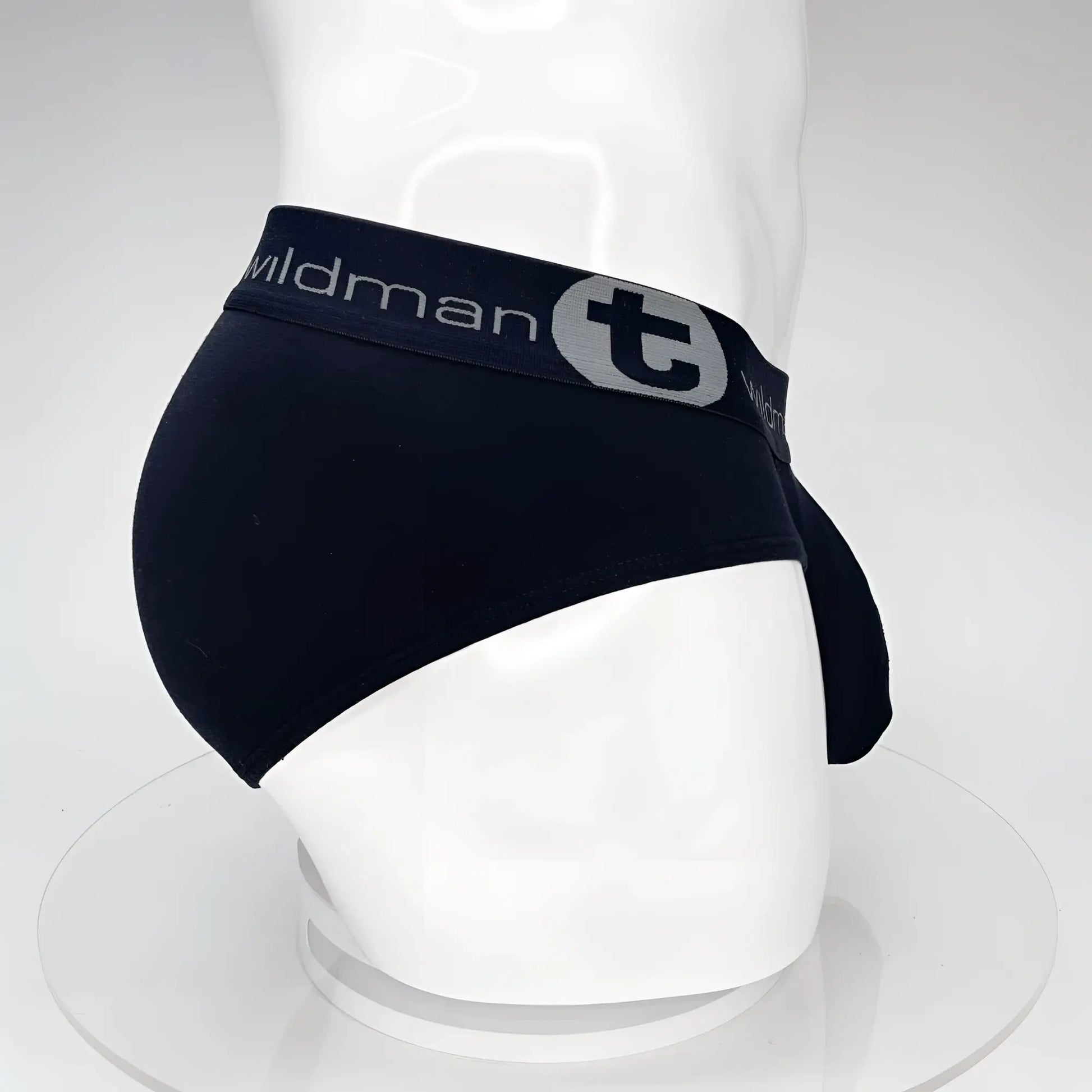 Black wildman t-brand cotton briefs with a big boy pouch and gray logo on the waistband