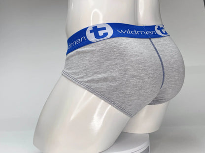 Gray heathered cotton briefs with blue elastic waistband featuring wildman logo and white lettering wildmant big boy pouch cotton brief gray and blue