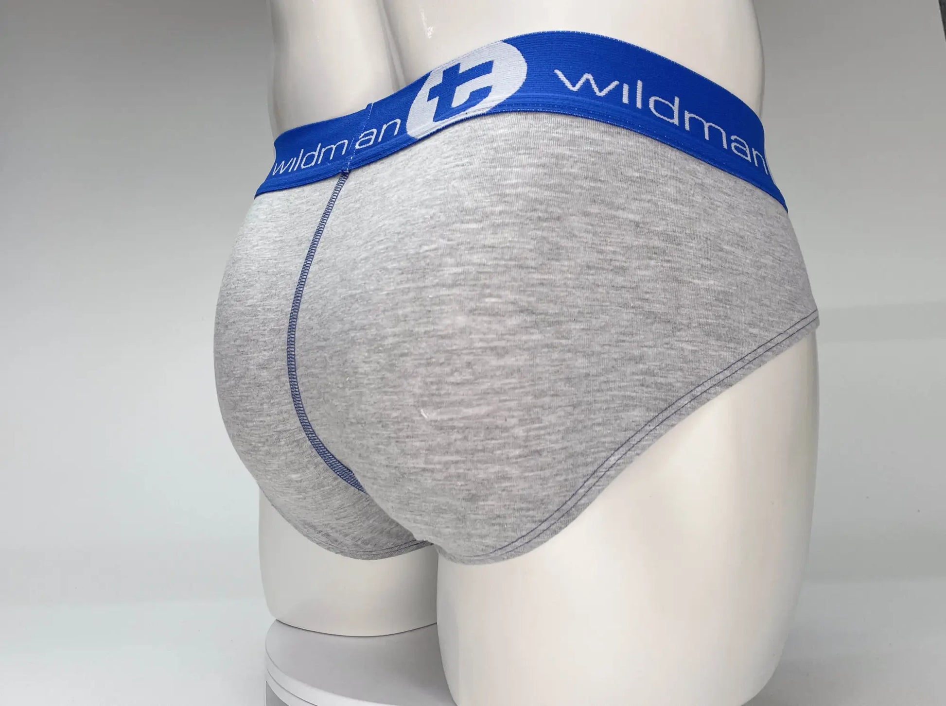 Gray heathered cotton briefs with a blue wildman elastic waistband designed for big boy pouch support