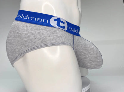 Wildmant big boy pouch cotton brief in gray heather with a blue waistband and wildman logo in white lettering