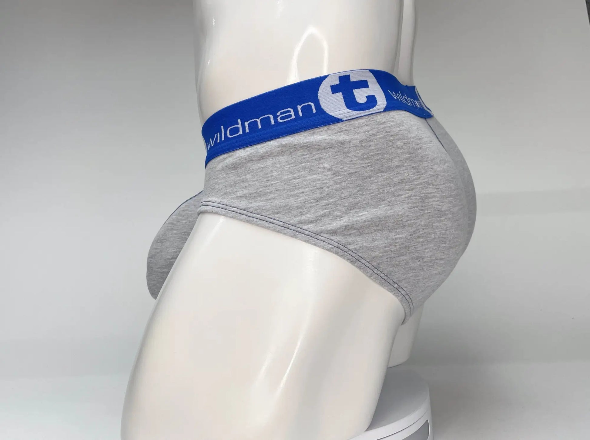 Gray heathered cotton briefs with blue elastic waistband featuring wildman logo and white lettering for big boys