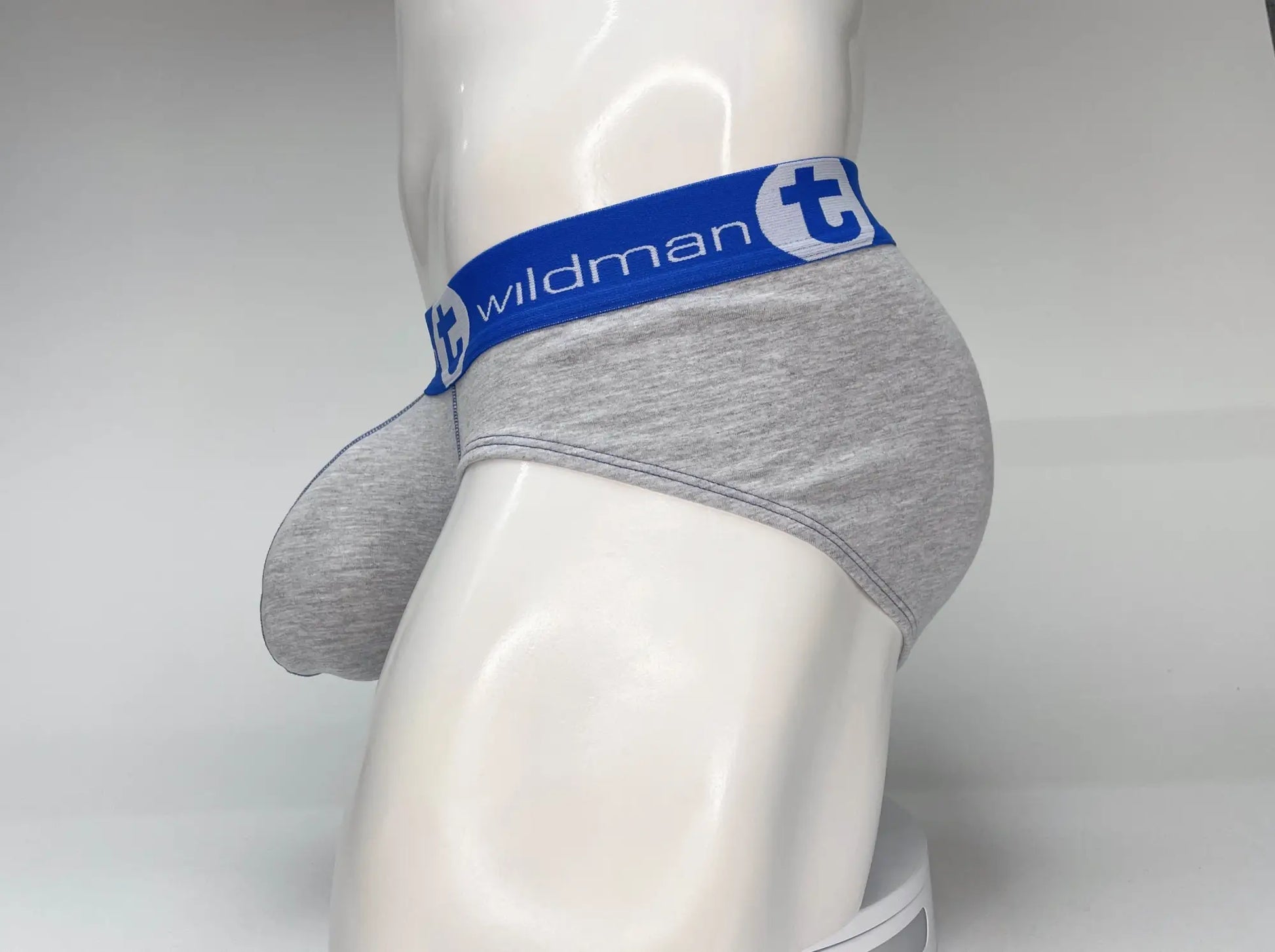 Gray heathered cotton big boy pouch briefs with blue elastic waistband and wildman logo for comfortable wear