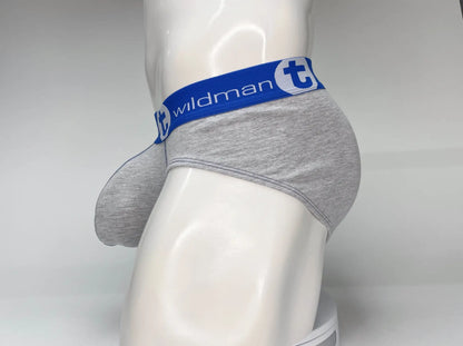 Gray heathered cotton big boy pouch briefs with blue elastic waistband and wildman logo for comfortable wear