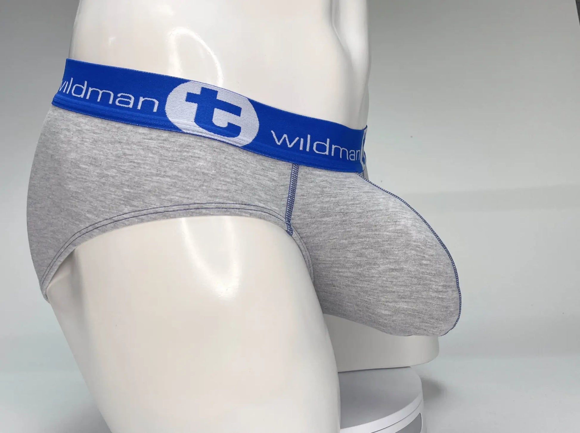 WildmanT big boy pouch cotton briefs in gray heather with a blue elastic waistband and white wildman logo lettering