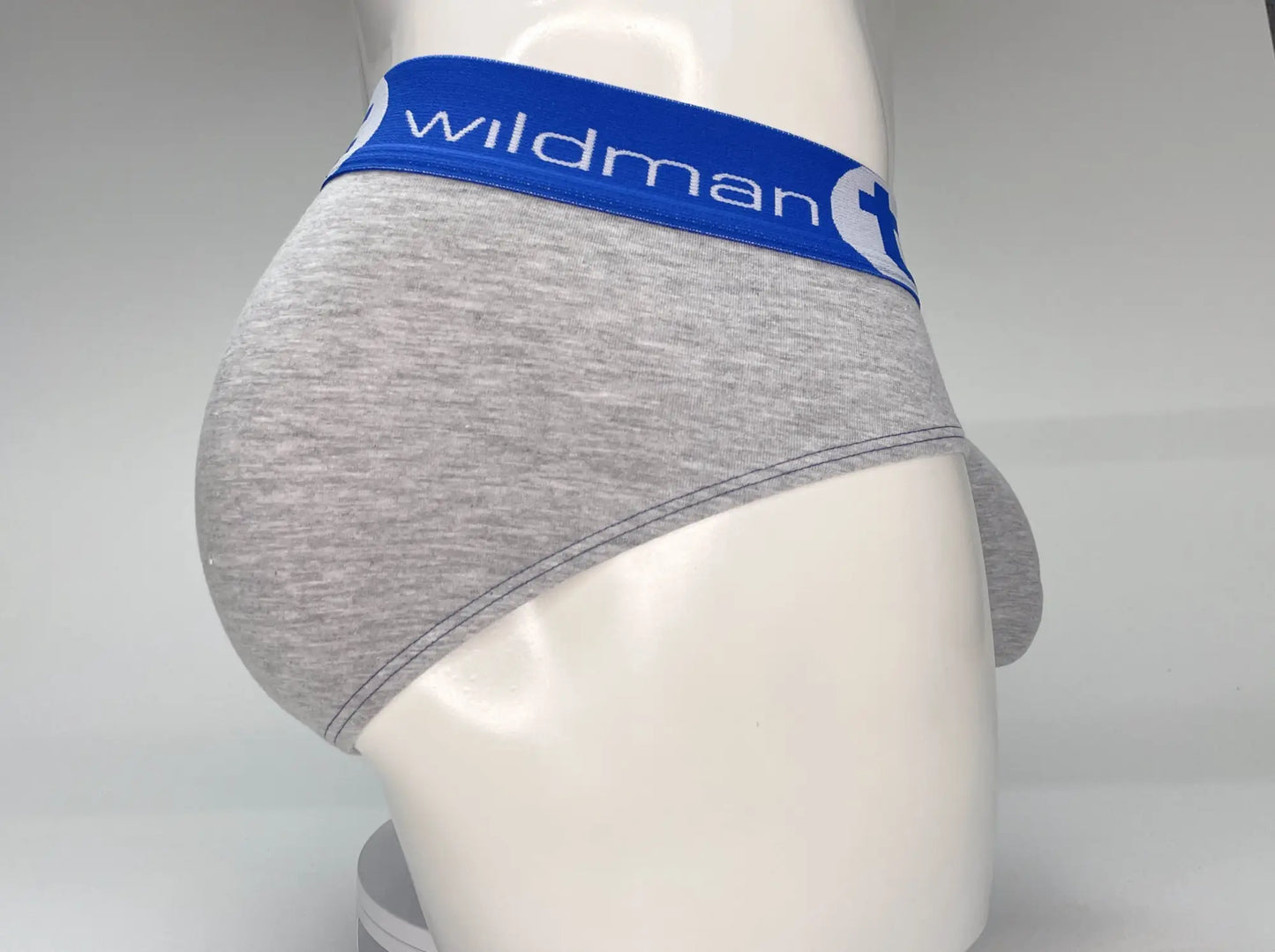Wildmant big boy pouch cotton brief gray heathered with blue elastic waistband featuring wildman logo and brand name