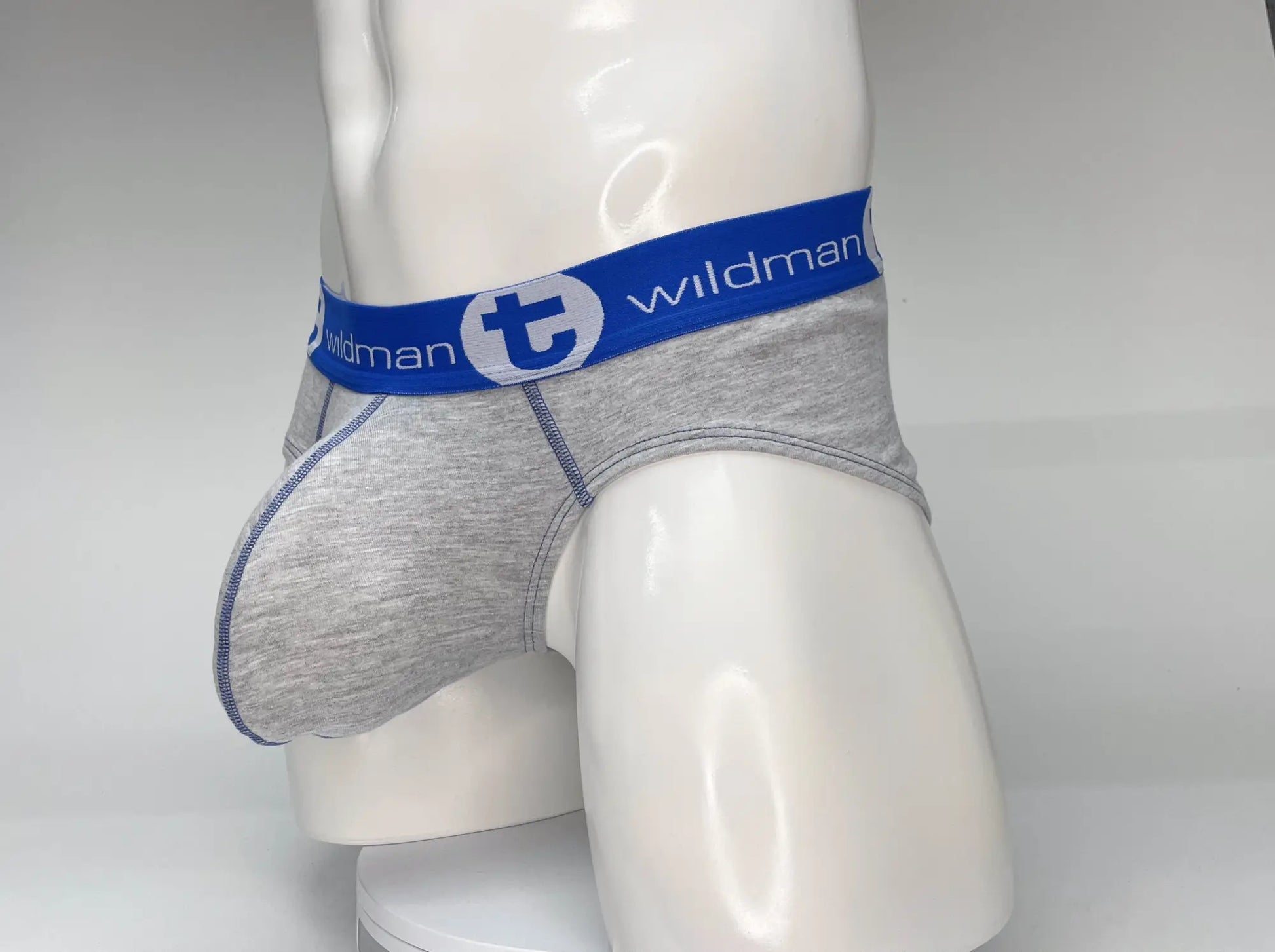 Gray heathered cotton briefs with a blue elastic waistband featuring wildman logo and white lettering