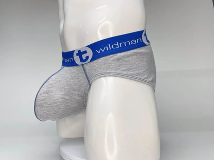 Gray heathered cotton briefs with a blue elastic waistband featuring the wildman brand logo pouch design