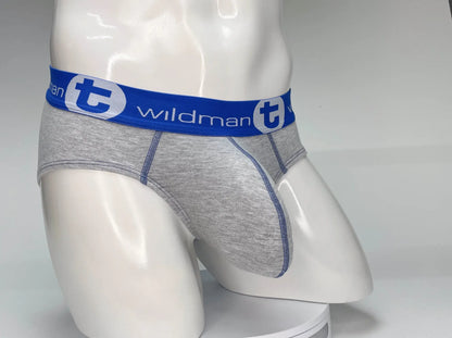 Gray heathered cotton wildmant big boy pouch briefs with blue elastic waistband and white circular t emblem