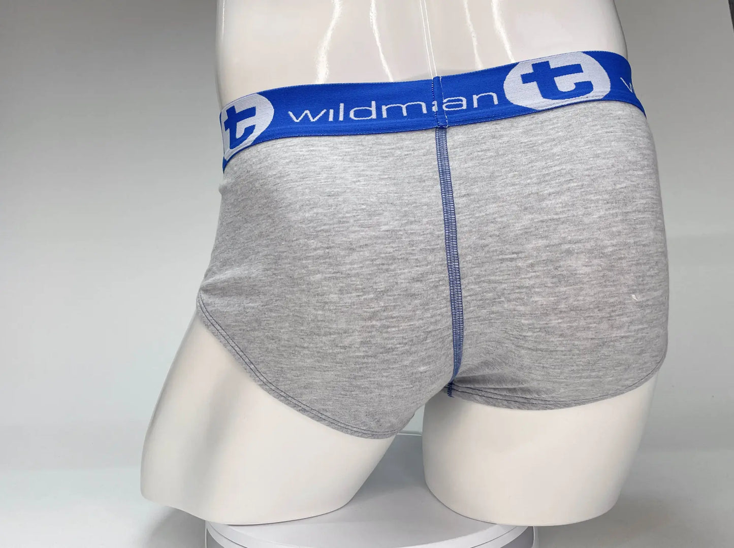 Gray heathered cotton briefs with blue elastic waistband featuring wildman logo and circular t emblem