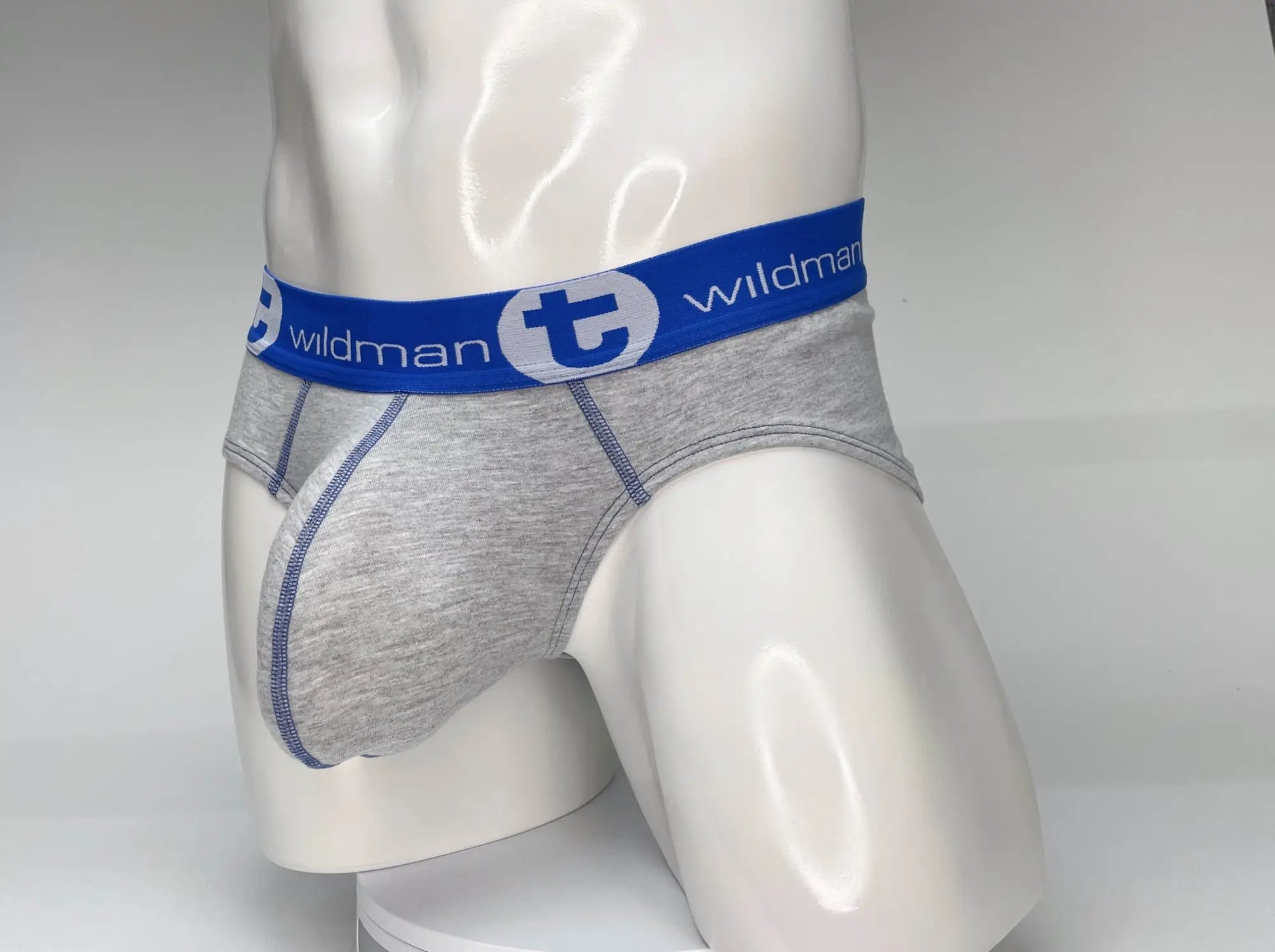 Wildmant big boy pouch cotton brief in gray heather with blue elastic waistband and wildman logo and emblem