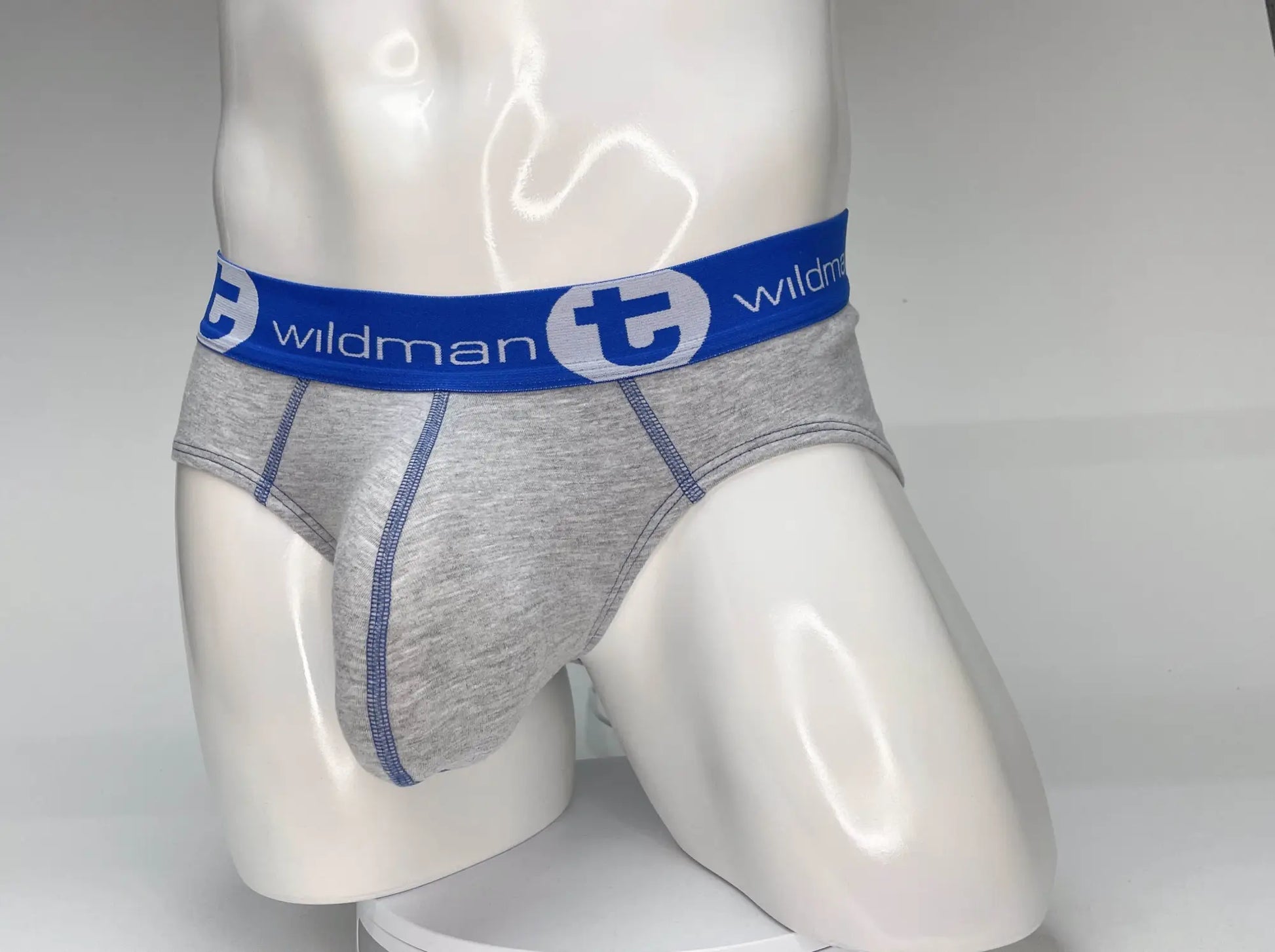 Gray heathered cotton briefs with blue wildman elastic waistband featuring big boy pouch design
