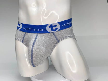 Gray heathered cotton briefs with blue wildman elastic waistband featuring big boy pouch design