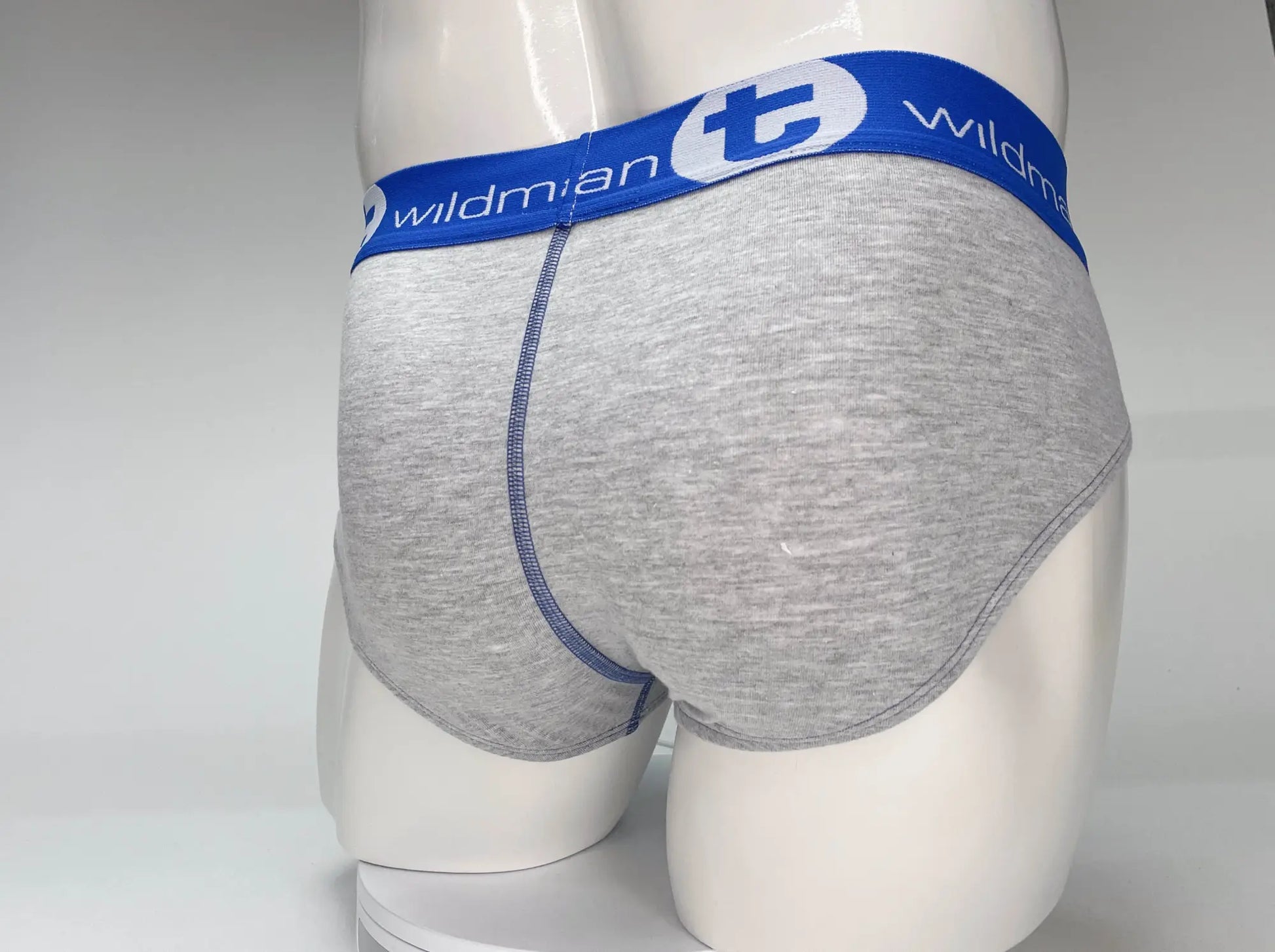 Wildmant big boy cotton briefs in gray heather with blue elastic waistband featuring wildman logo and text