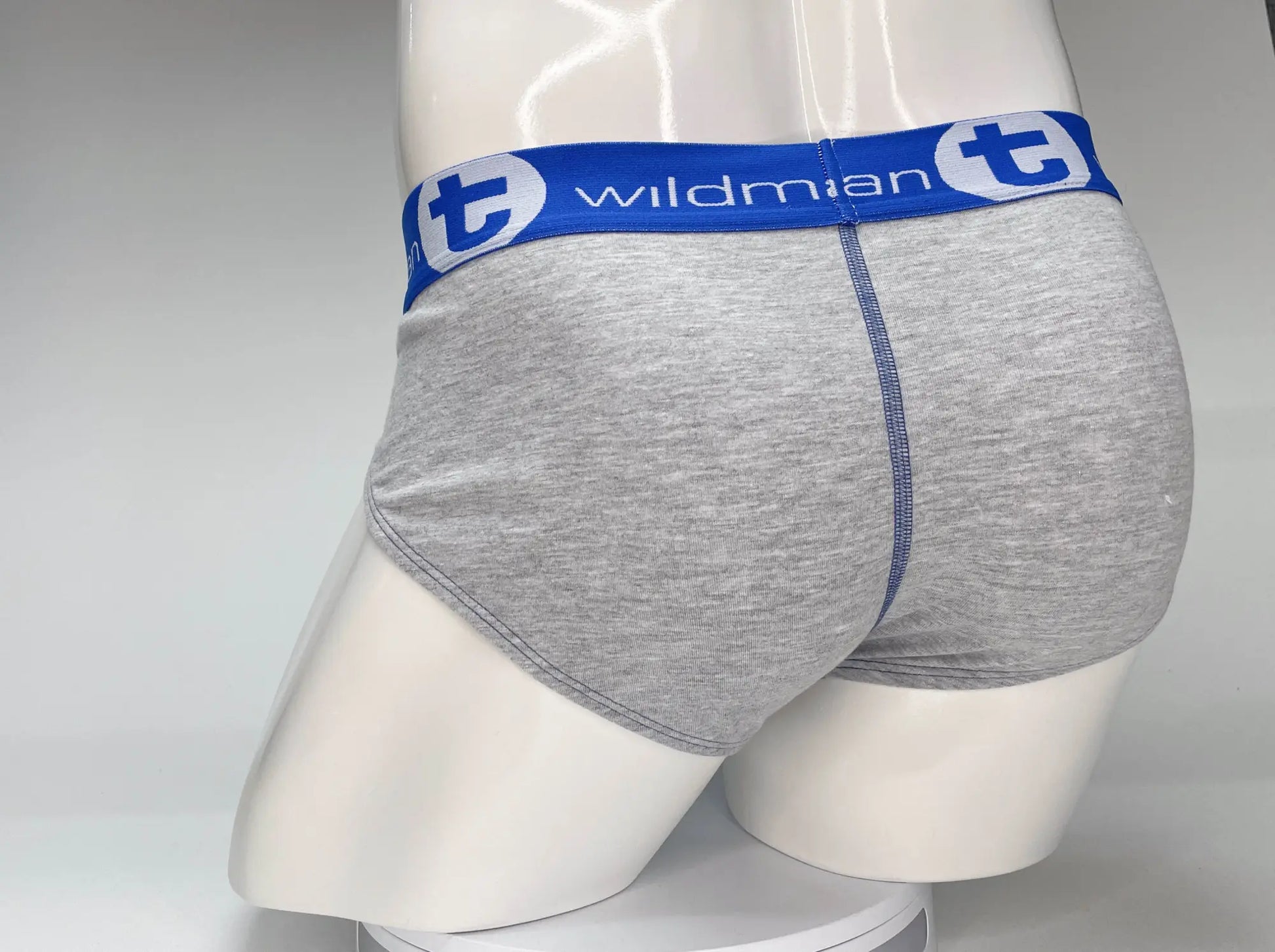 Wildmant big boy cotton briefs in gray heather with blue elastic waistband and wildman logo in white lettering