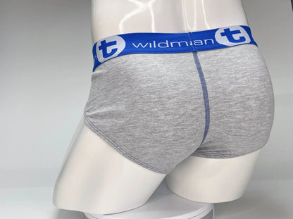 Wildmant big boy cotton briefs in gray heather with blue elastic waistband and wildman logo in white lettering