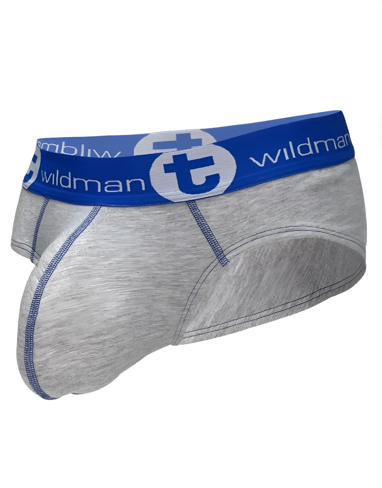 Gray heathered cotton briefs with blue elastic waistband featuring wildman logo and white lettering pouch design