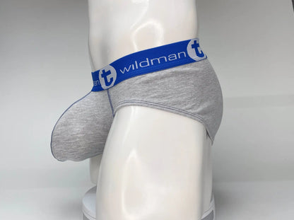 Wildmant big boy pouch cotton brief in gray heather with blue elastic waistband and brand logo visible