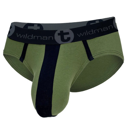 Army green cotton briefs featuring a dark center stripe, pouch front, and black waistband with "wildman" branding.
