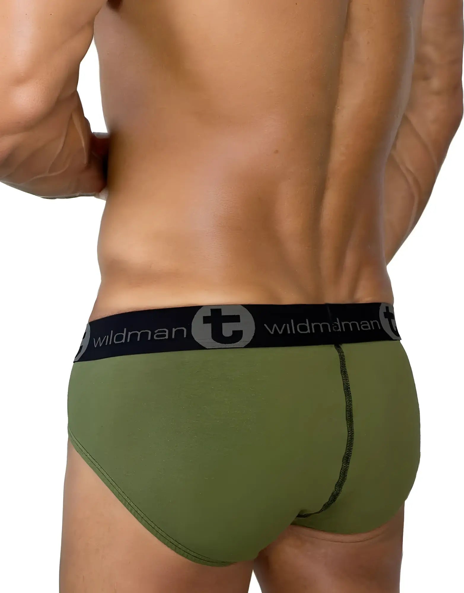 Army green cotton brief with a black branded waistband featuring the "wildman" logo, viewed from the back.