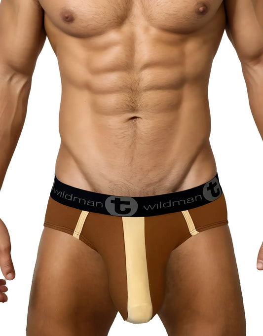 Brown and tan cotton pouch brief with a black elastic waistband featuring the Wildman logo.