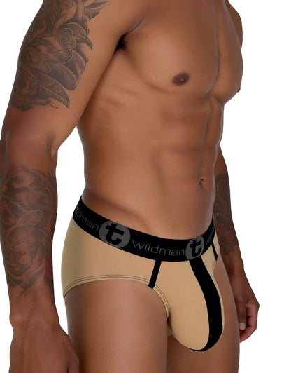 Tan cotton brief with a black pouch stripe and black elastic waistband featuring the Wildman logo.