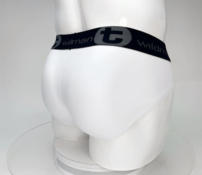 WildmanT big boy pouch cotton brief white with black elastic waistband featuring wildman brand name and logo