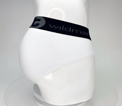 White cotton briefs with black elastic waistband and wildman branding in gray from wildmant big boy pouch series
