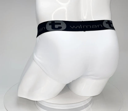 White cotton wildmant big boy pouch brief with black elastic waistband featuring wilman brand name and logo