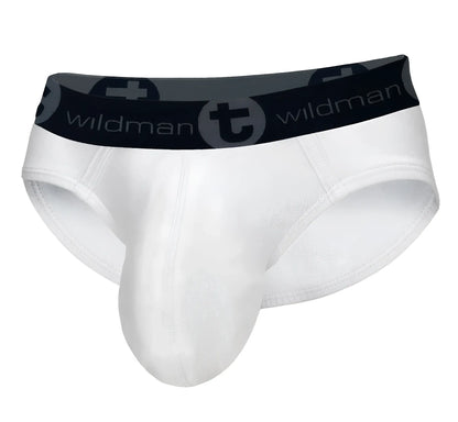 White wildmanT big boy pouch cotton briefs with black elastic waistband featuring wildman brand name and logo