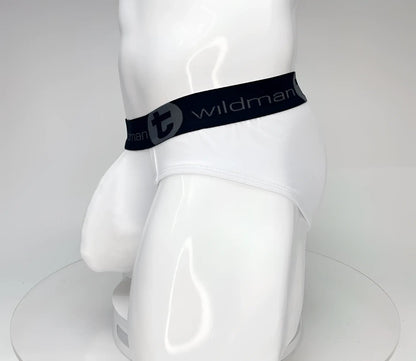 White wildmanT big boy pouch cotton briefs with black waistband and gray wildman logo for comfortable wear