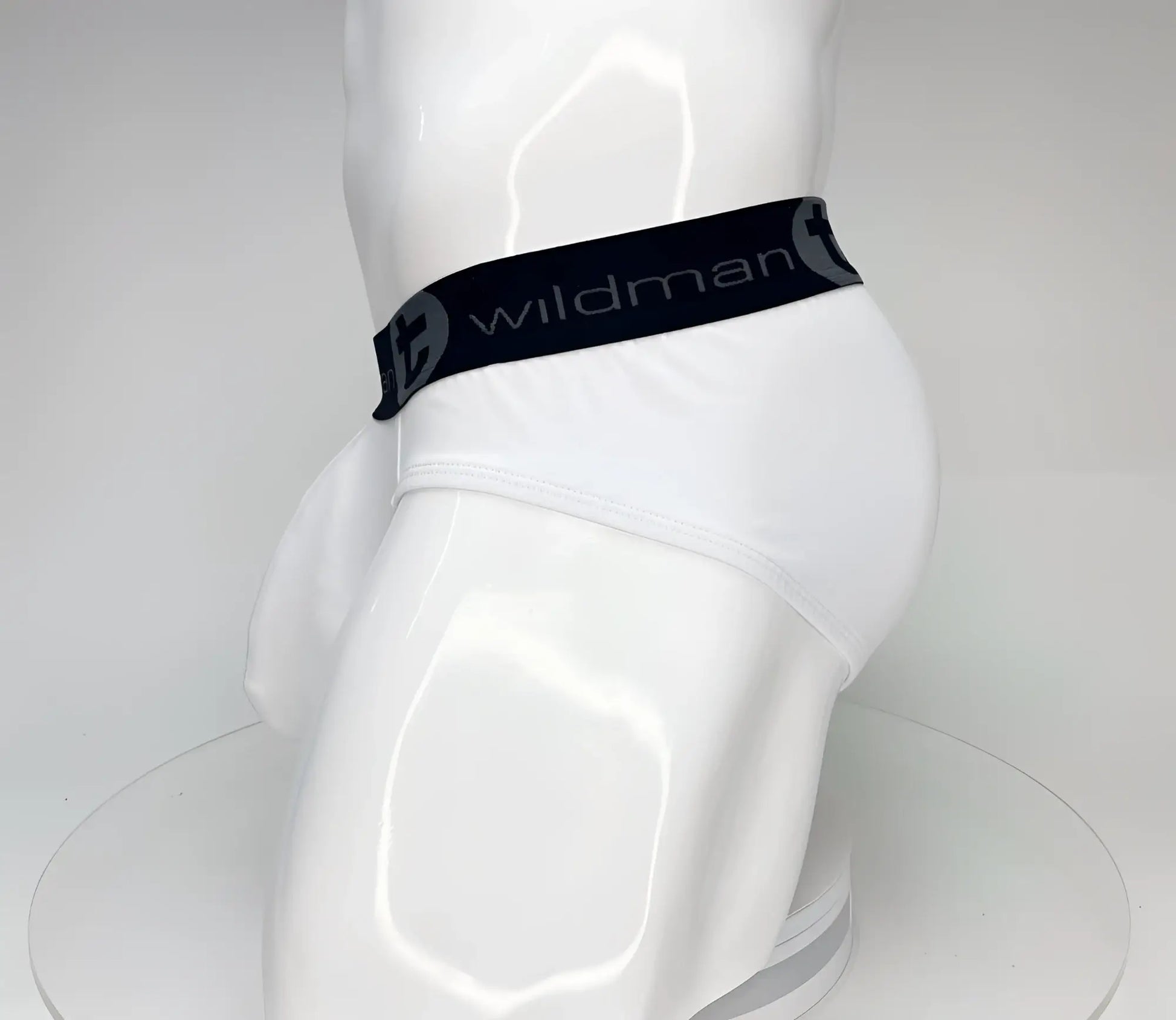 White wildmant big boy pouch cotton brief with black elastic waistband and gray wildman branding
