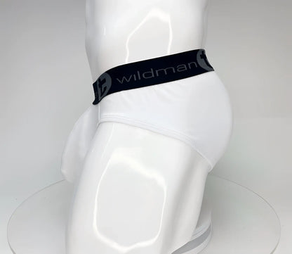 White wildmant big boy pouch cotton brief with black elastic waistband and gray wildman branding