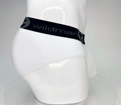 White wildmanT big boy pouch cotton briefs with black elastic waistband and gray wildman branding