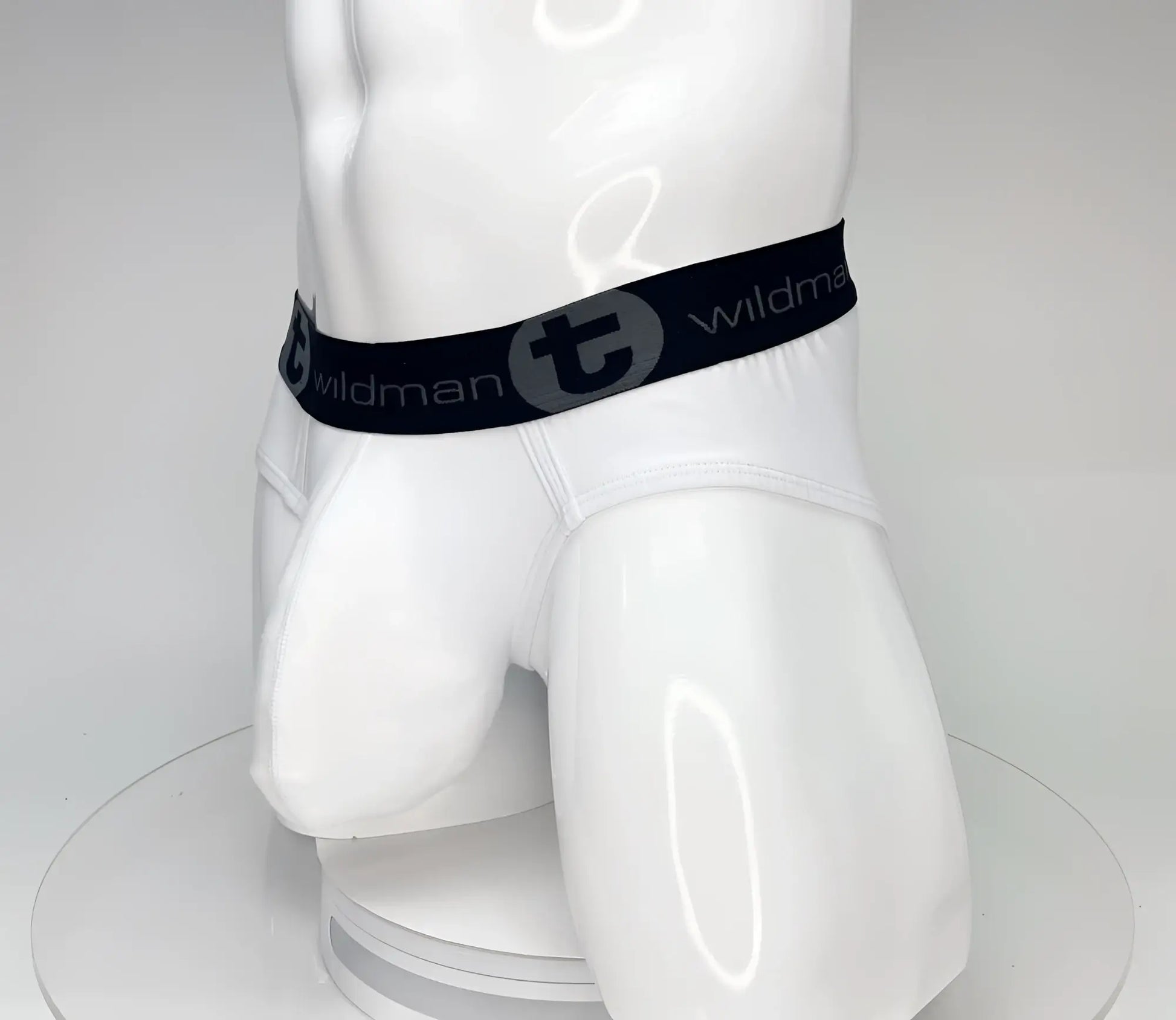 White wildmant big boy pouch cotton briefs with black elastic waistband and gray wildman logo