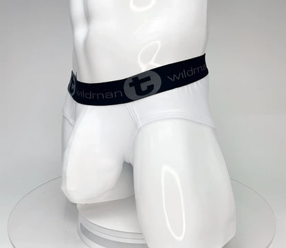 White wildmant big boy pouch cotton briefs with black elastic waistband and gray wildman logo