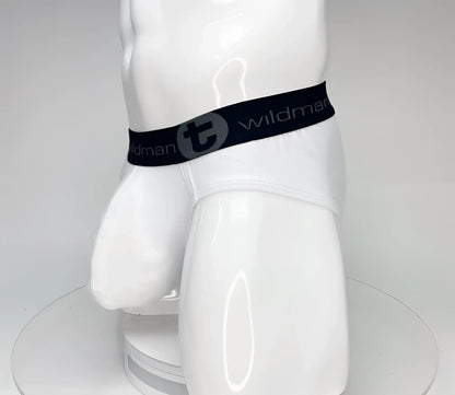 White wildmanT big boy pouch cotton briefs with black elastic waistband featuring wildman logo and stylized t emblem