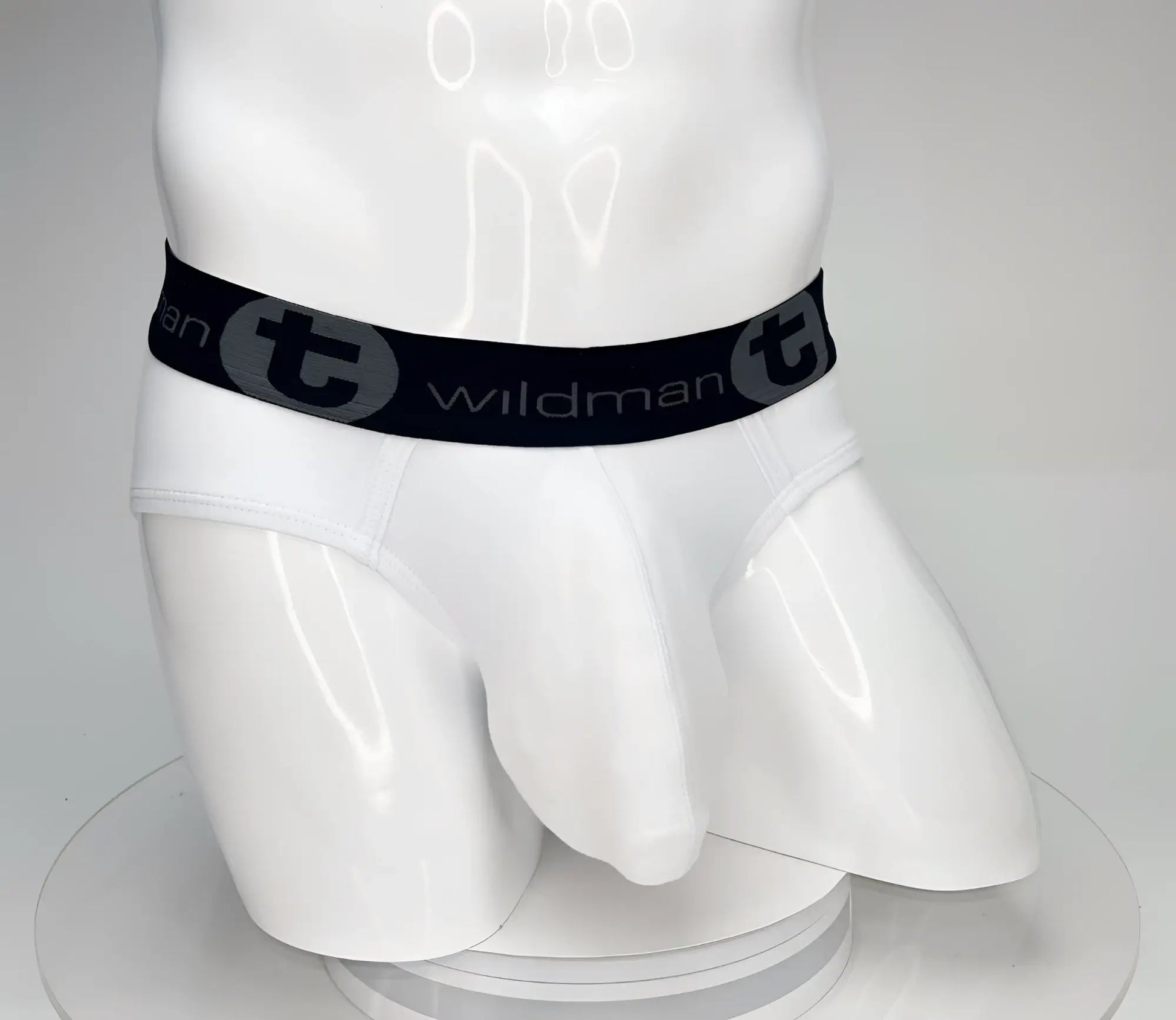 White wildmanT big boy pouch cotton briefs with black elastic waistband and stylized t emblem