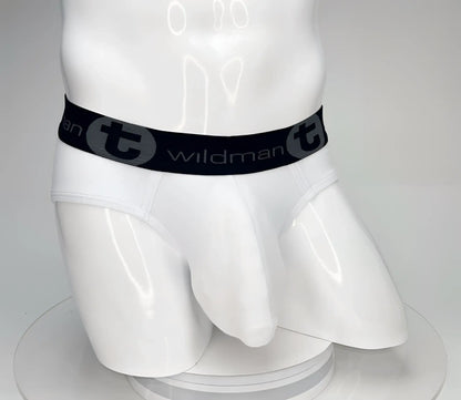 White wildmanT big boy pouch cotton briefs with black elastic waistband and stylized t emblem