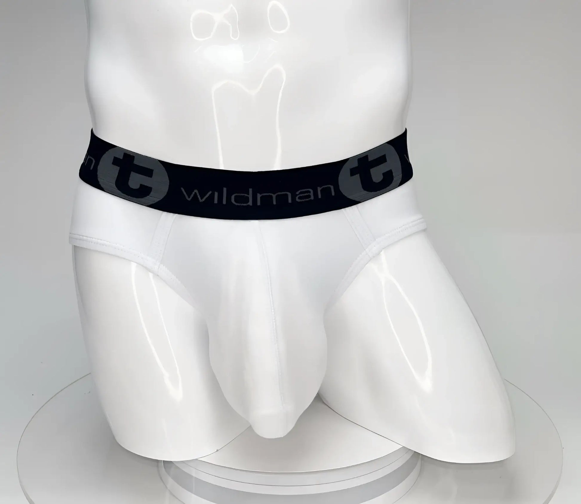 White wildmant big boy pouch cotton briefs with black elastic waistband branded with wildman logo