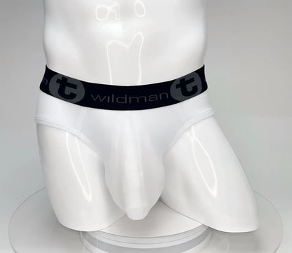 White wildmant big boy pouch cotton briefs with black elastic waistband branded with wildman logo