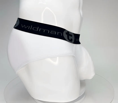 White wildmanT big boy cotton briefs with black elastic waistband featuring wildman brand name and logo