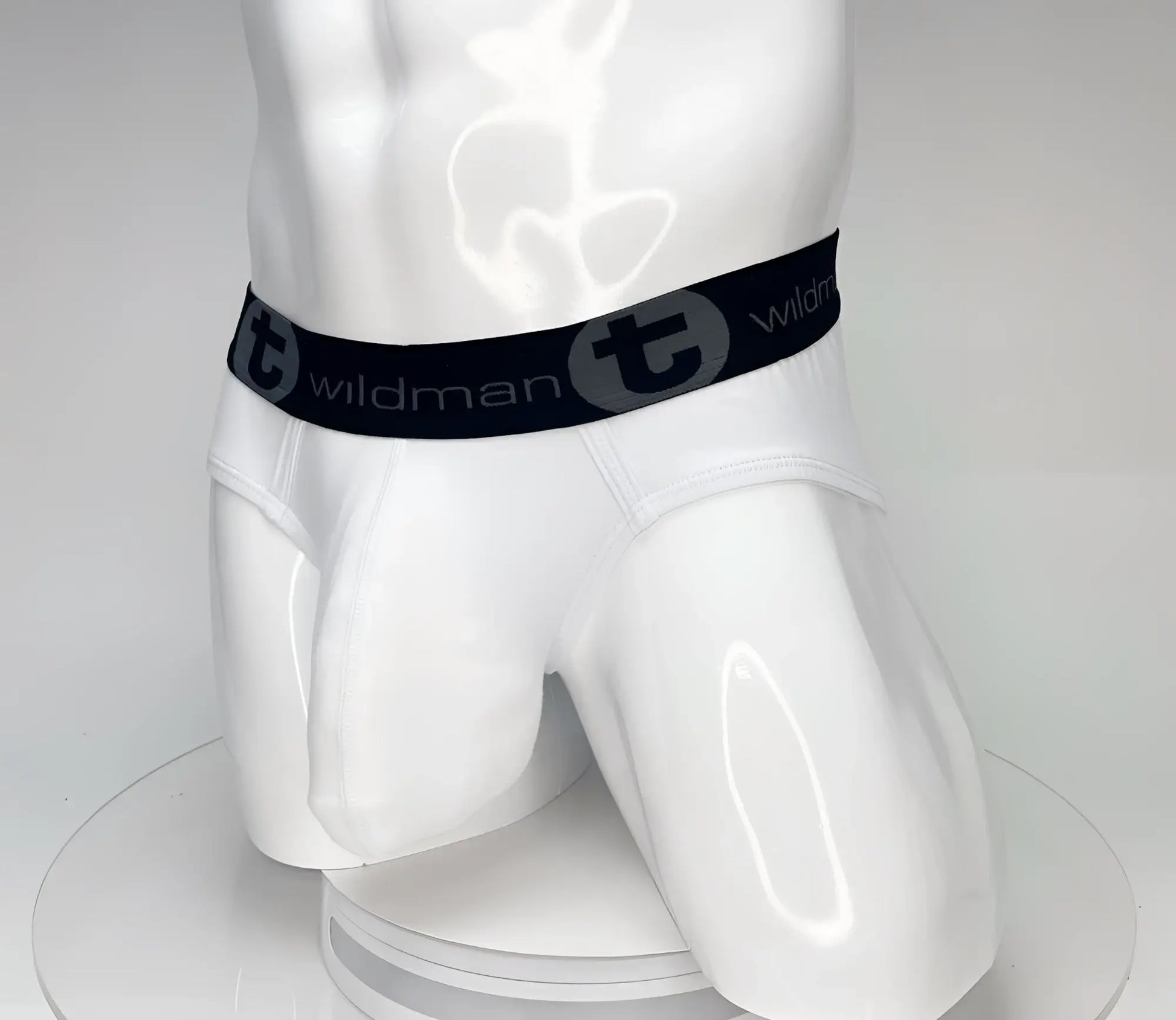 White wildmanT big boy pouch cotton briefs with black elastic waistband and stylized T logo on the front