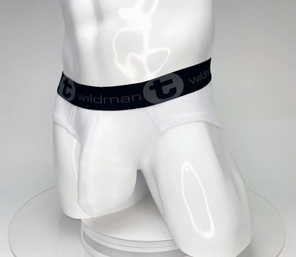 White wildmanT big boy pouch cotton briefs with black elastic waistband and stylized T logo on the front