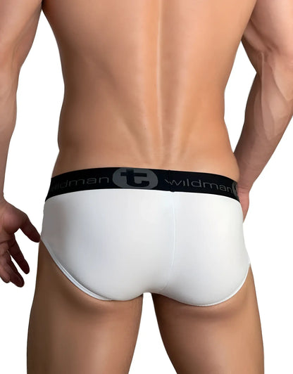 White wildman briefs with black elastic waistband featuring logo and name cotton big boy pouch design