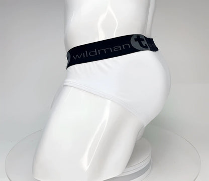 WildmanT Big Boy Pouch cotton brief white with black elastic waistband featuring White Wildman brand name and logo