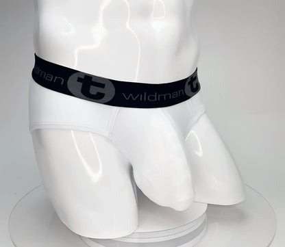 White wildman big boy pouch cotton brief with black elastic waistband featuring t logo and brand name