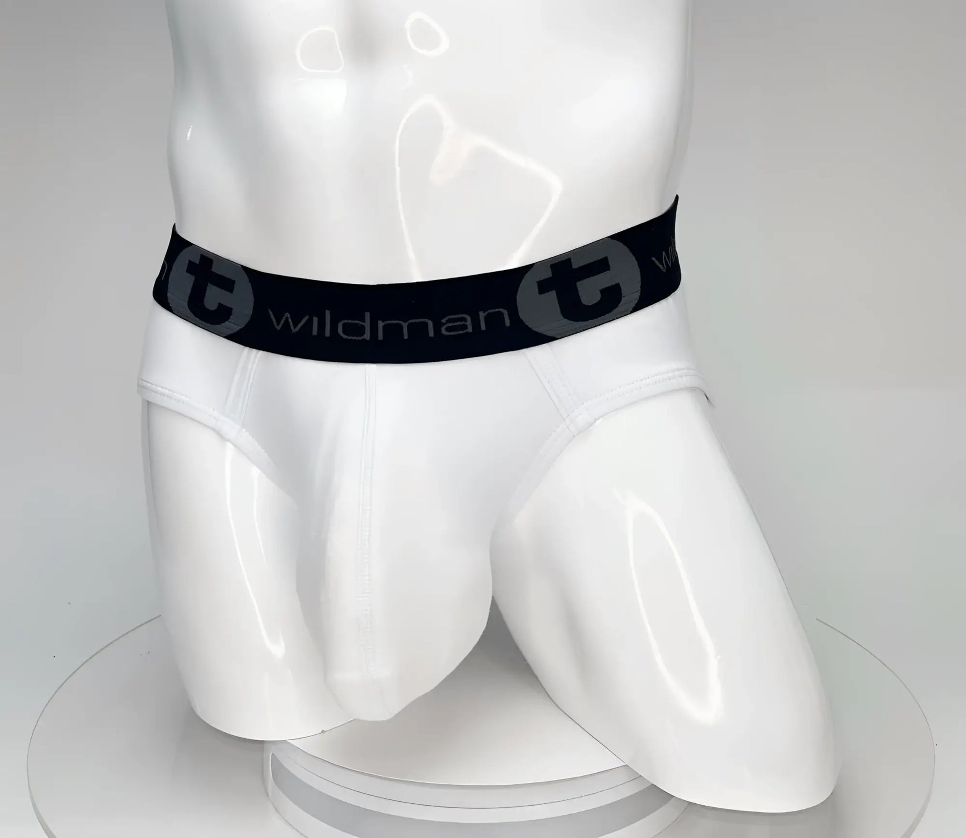 White wildman mens briefs with black elastic waistband featuring brand logo cotton pouch for everyday comfort