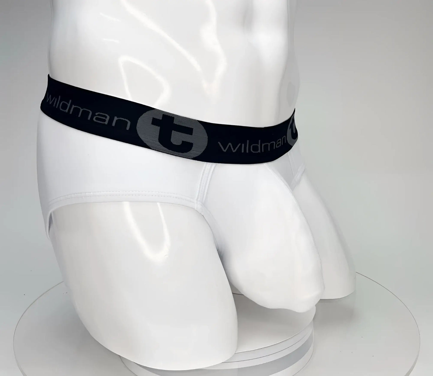 White wildman big boy pouch cotton briefs with black elastic waistband featuring brand name and logo in gray