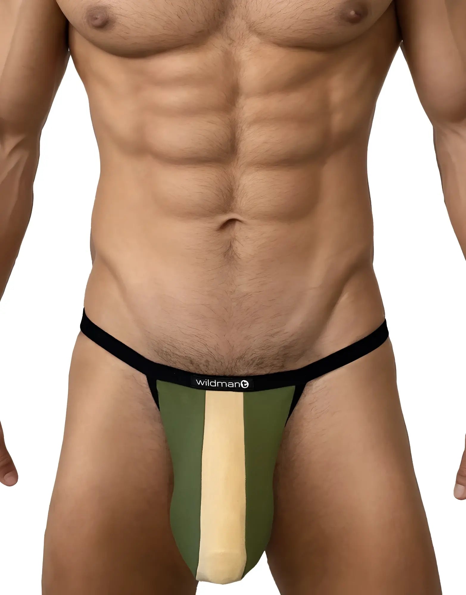 Wildman big boy pouch cotton micro thong in olive green and tan with color block design for men