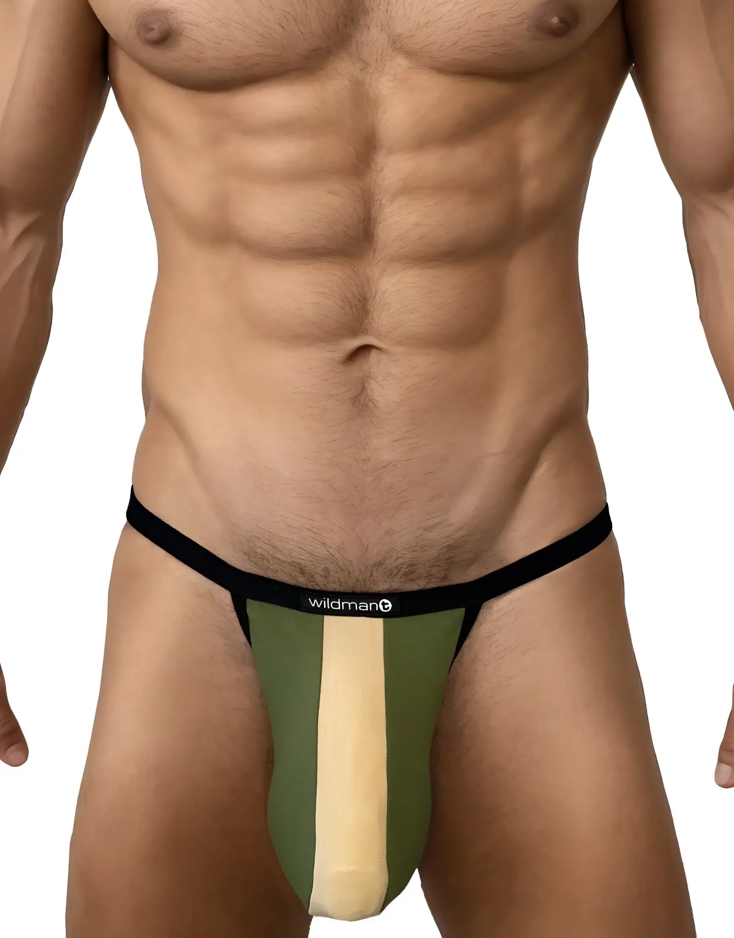 WildmanT Big Boy pouch micro thong in olive green and tan with a black waistband and logo label on a muscular torso.